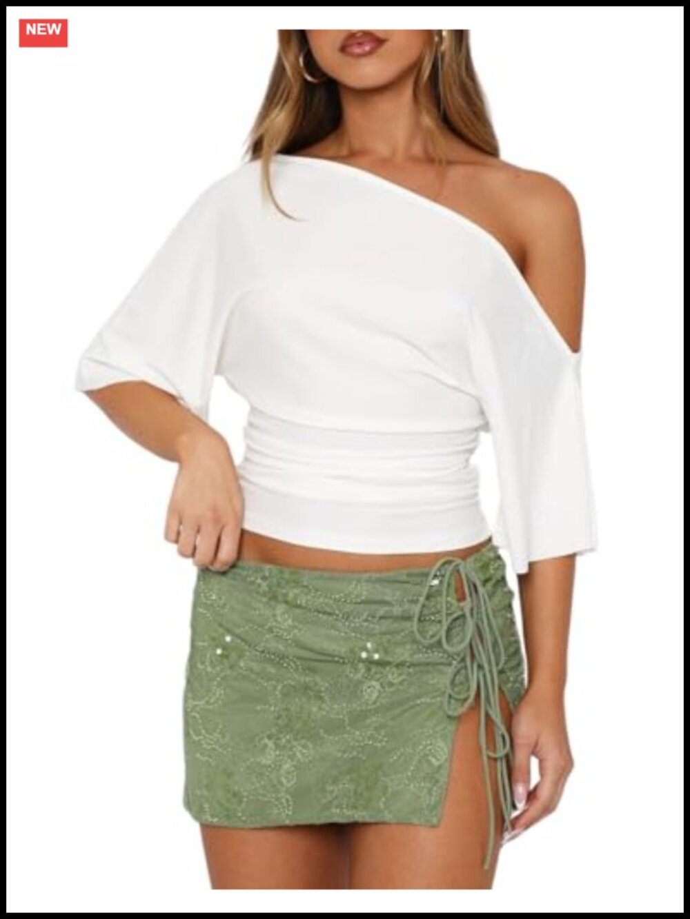 Women's Off Shoulder Crop Top One Shoulder Short Sleeve Knit T-Shirt